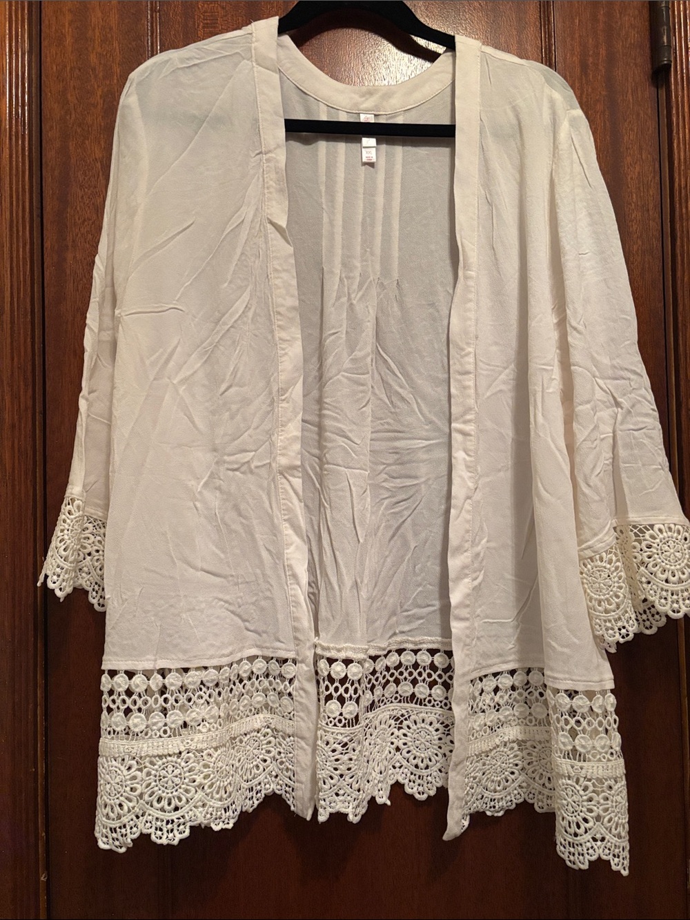 Women's White Crochet-Hem Open Front kimono